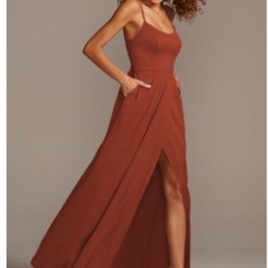 NWT David's Bridal Cinnamon Crepe-Back Satin Spaghetti Strap Bridesmaid Dress